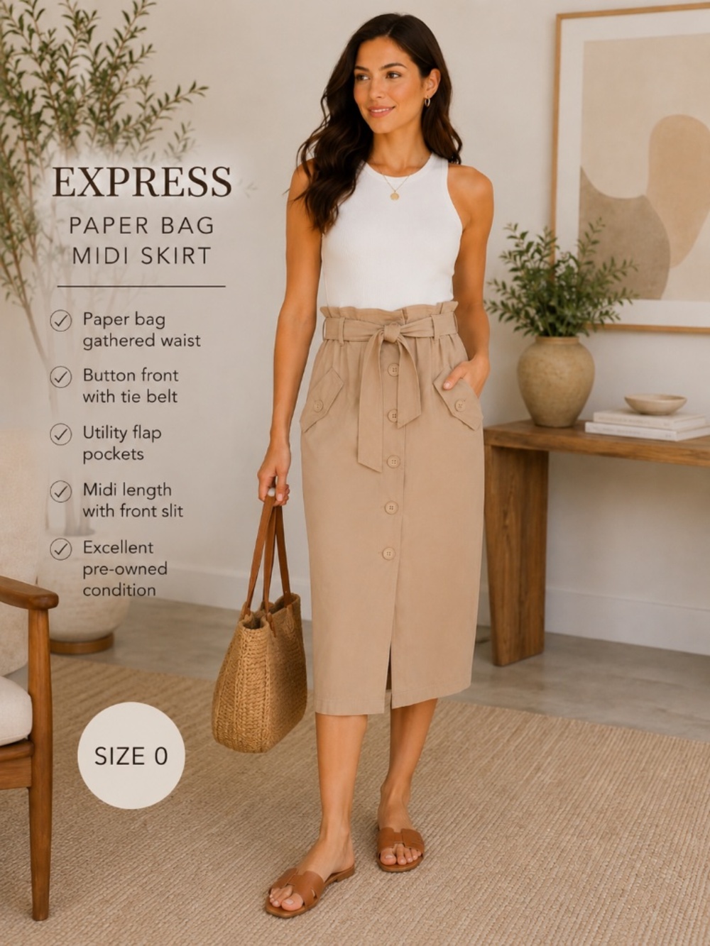 Express Paper Bag Waist Utility Midi Skirt Size 0 Beige Belted